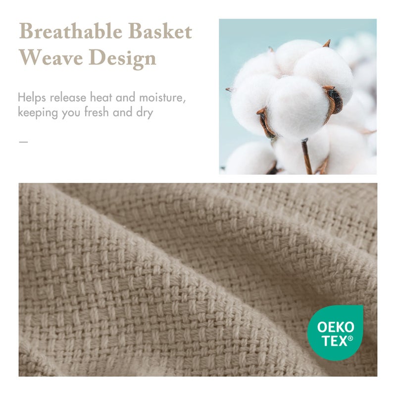 Madison Park Freshspun Basketweave Luxury Cotton Blanket Khaki 108x90" King Size Basketweave Premium Soft Cozy 100% Cotton For Bed, Couch or Sofa - Image 3